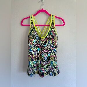 Athleta Neon Yellow Trim Floral Print Tankini Top